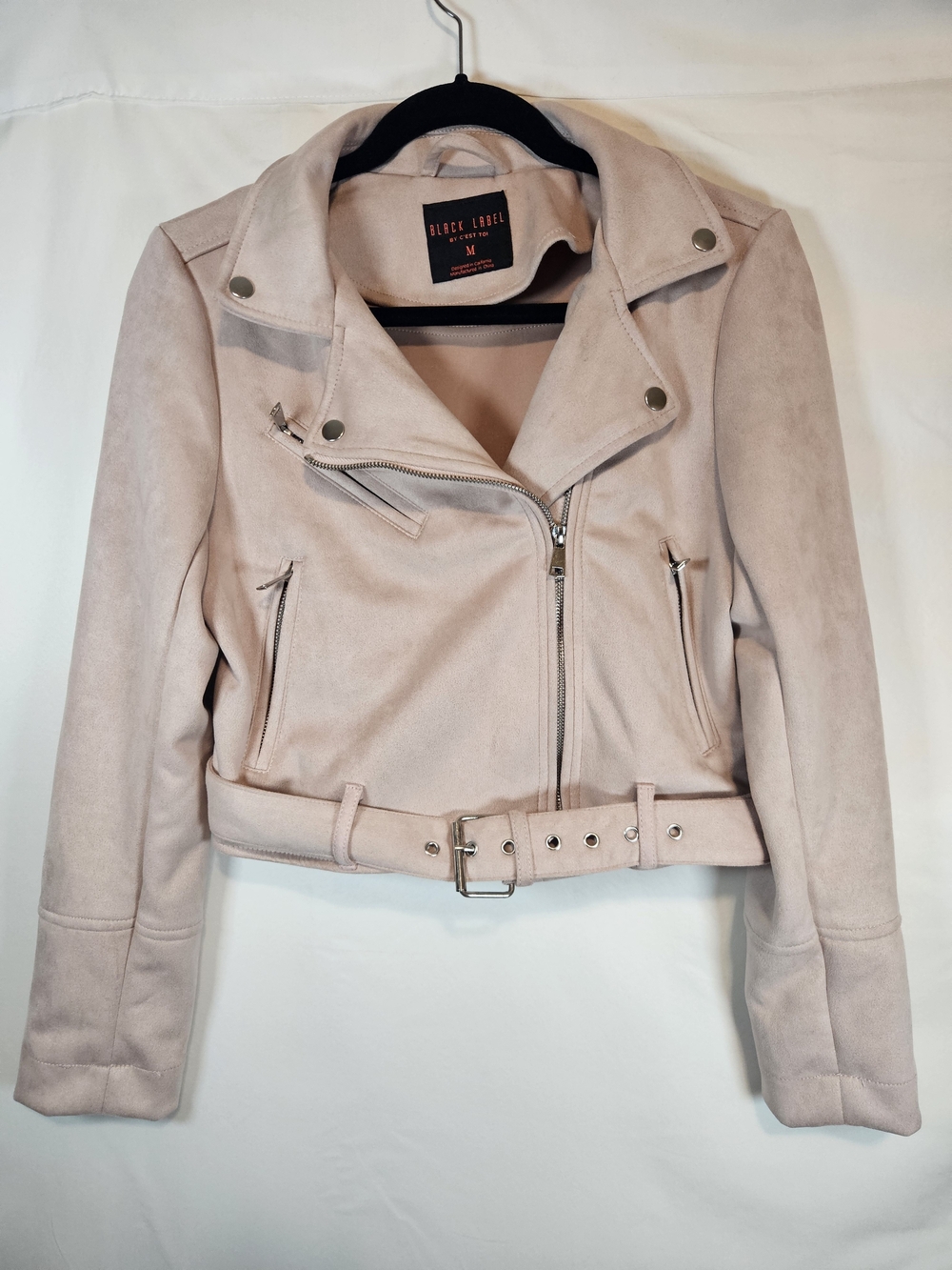 Black Label Blush Pink Suede Moto Jacket with Belt